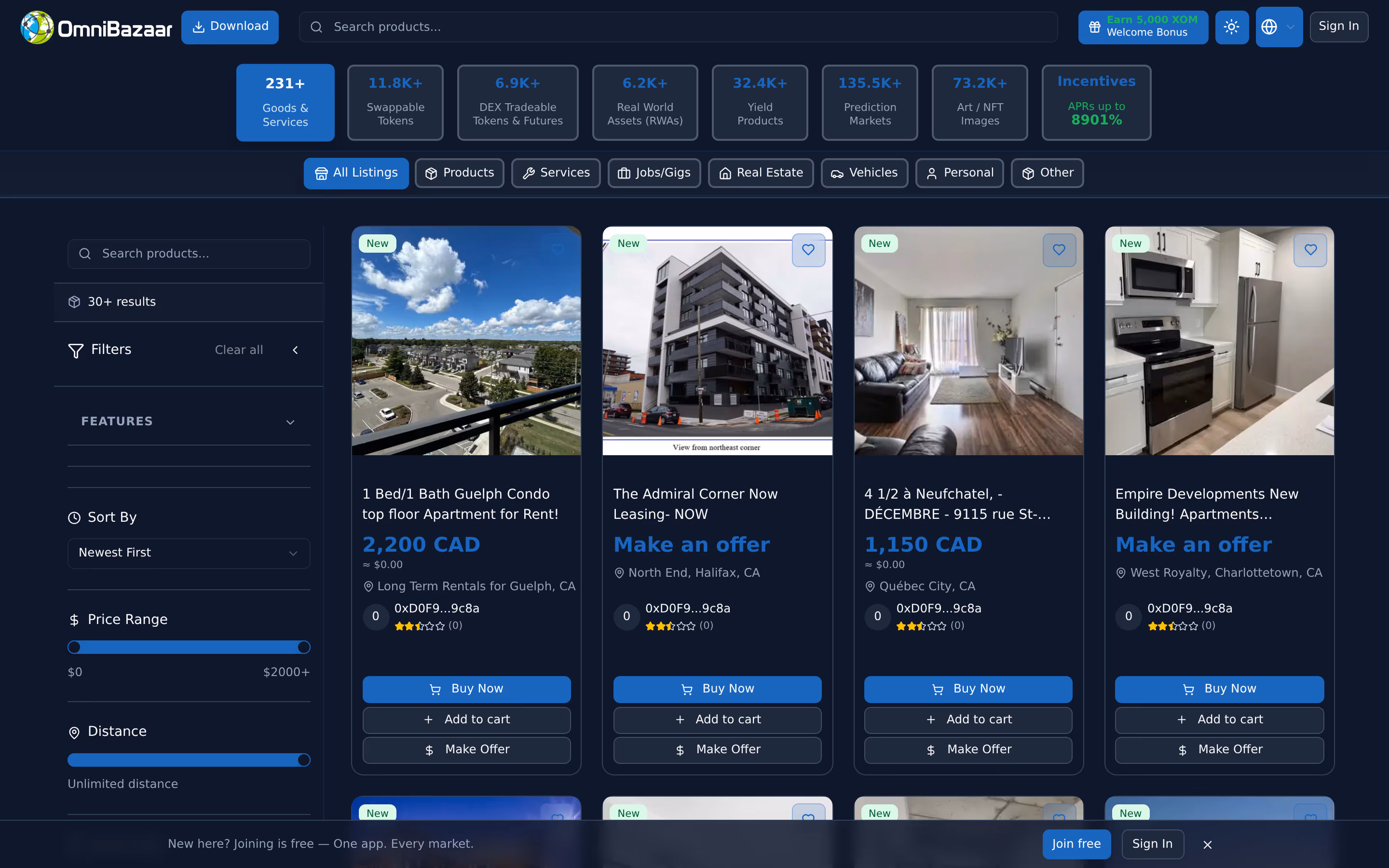Live OmniBazaar app screenshot: Marketplace