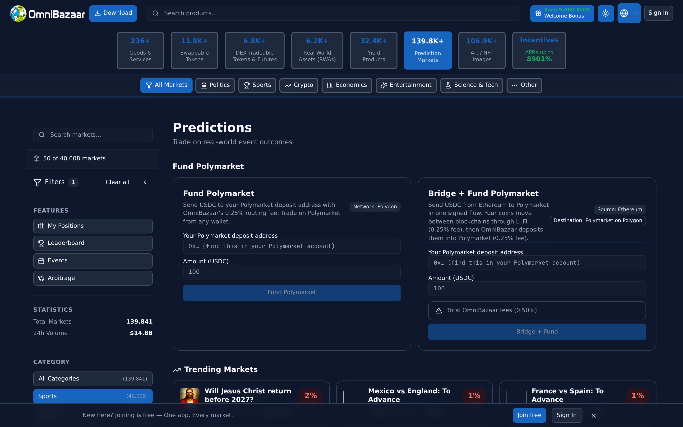 Live OmniBazaar app screenshot: Prediction markets