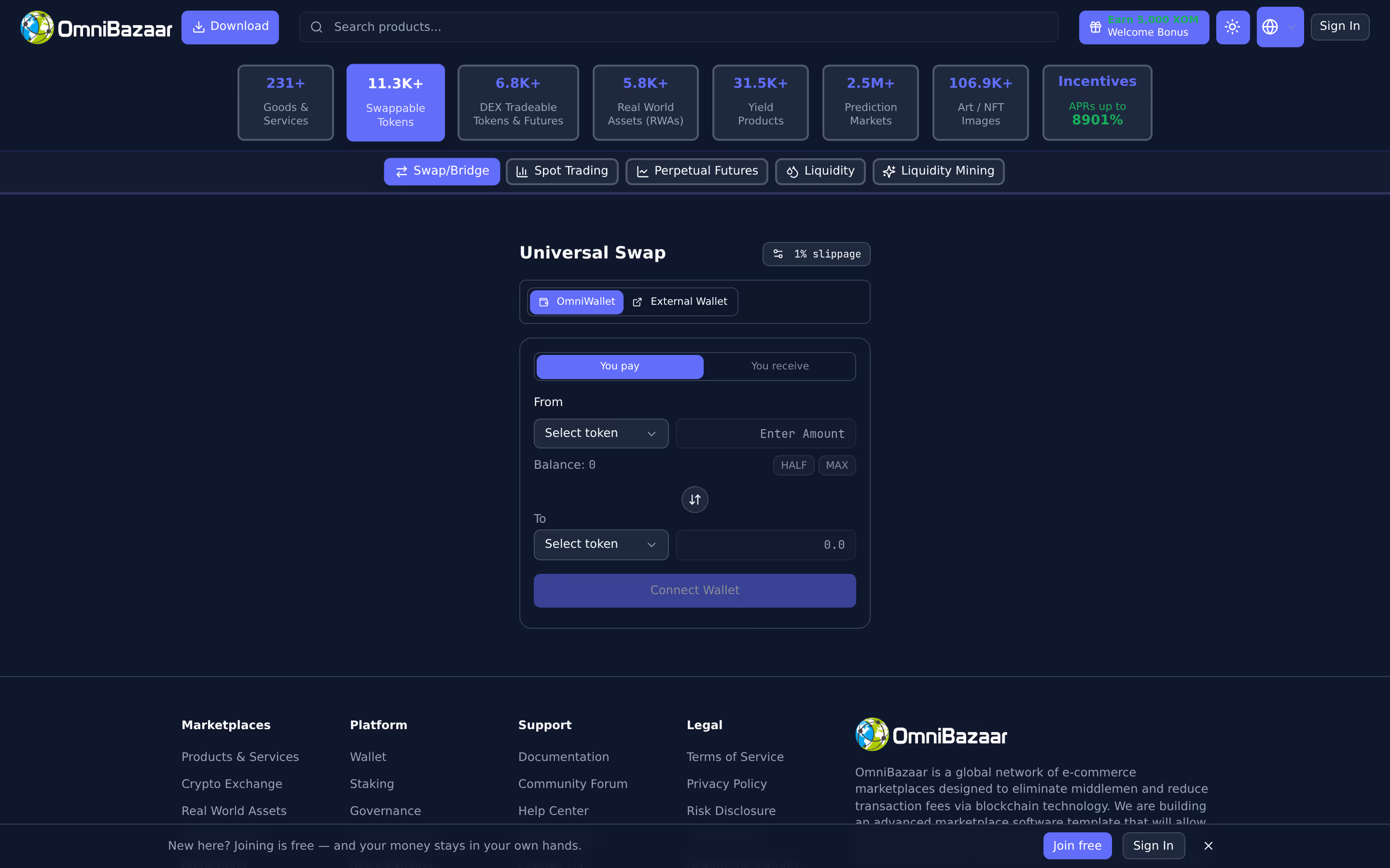 Swap & move between chains — live OmniBazaar app screenshot