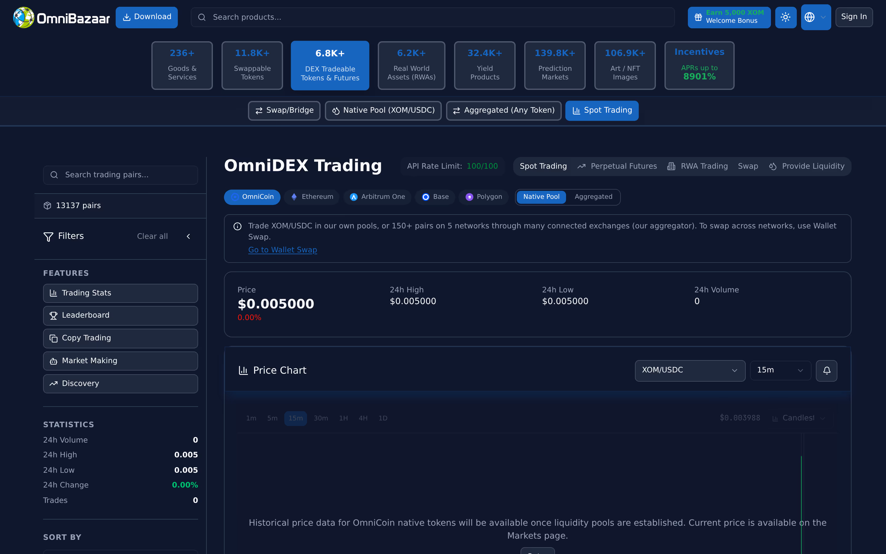 Live OmniBazaar app screenshot: Buy & sell crypto
