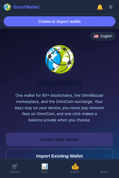 OmniWallet extension popup — onboarding screen with create or import wallet options