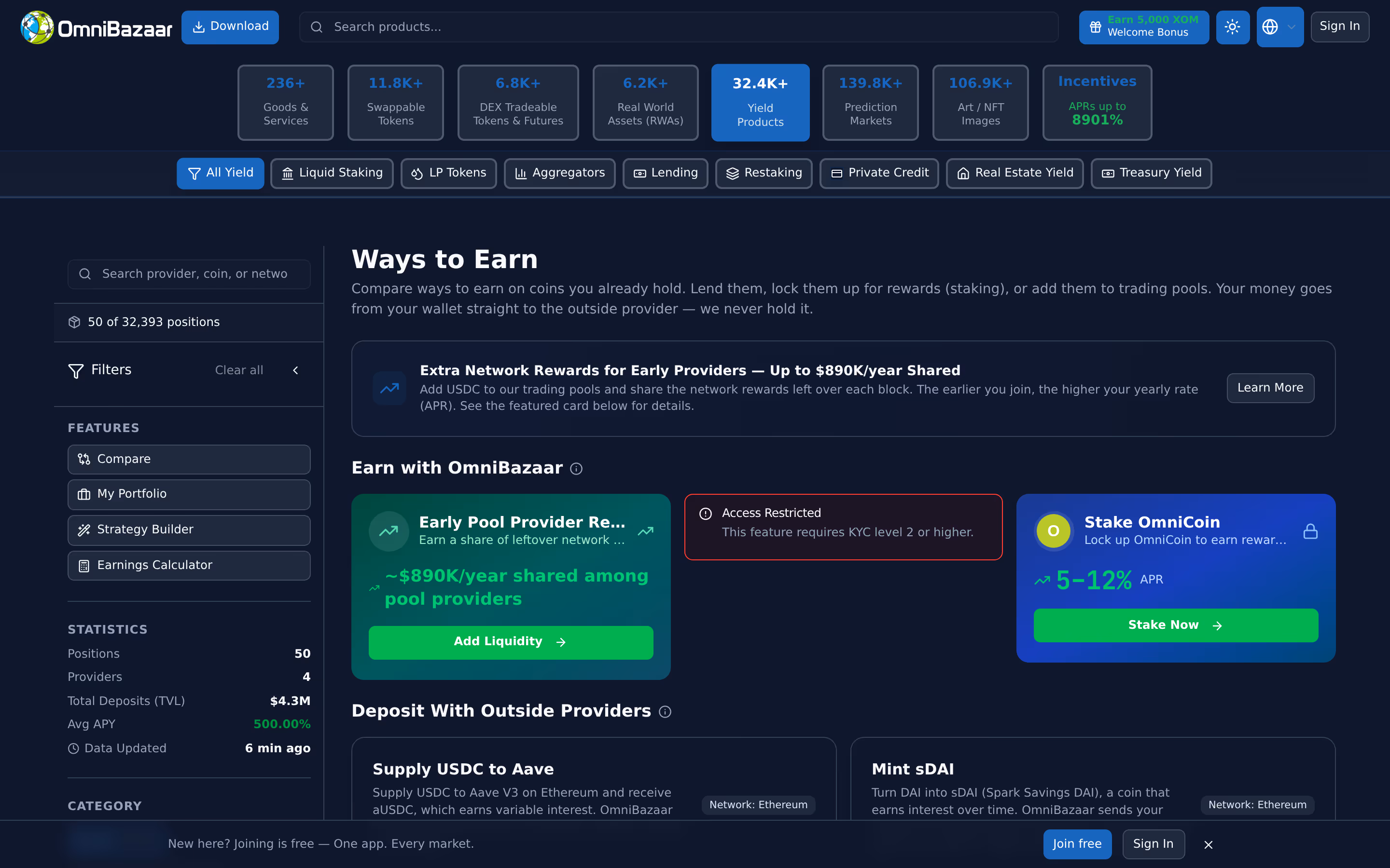 Live OmniBazaar app screenshot: Earn & real-world assets